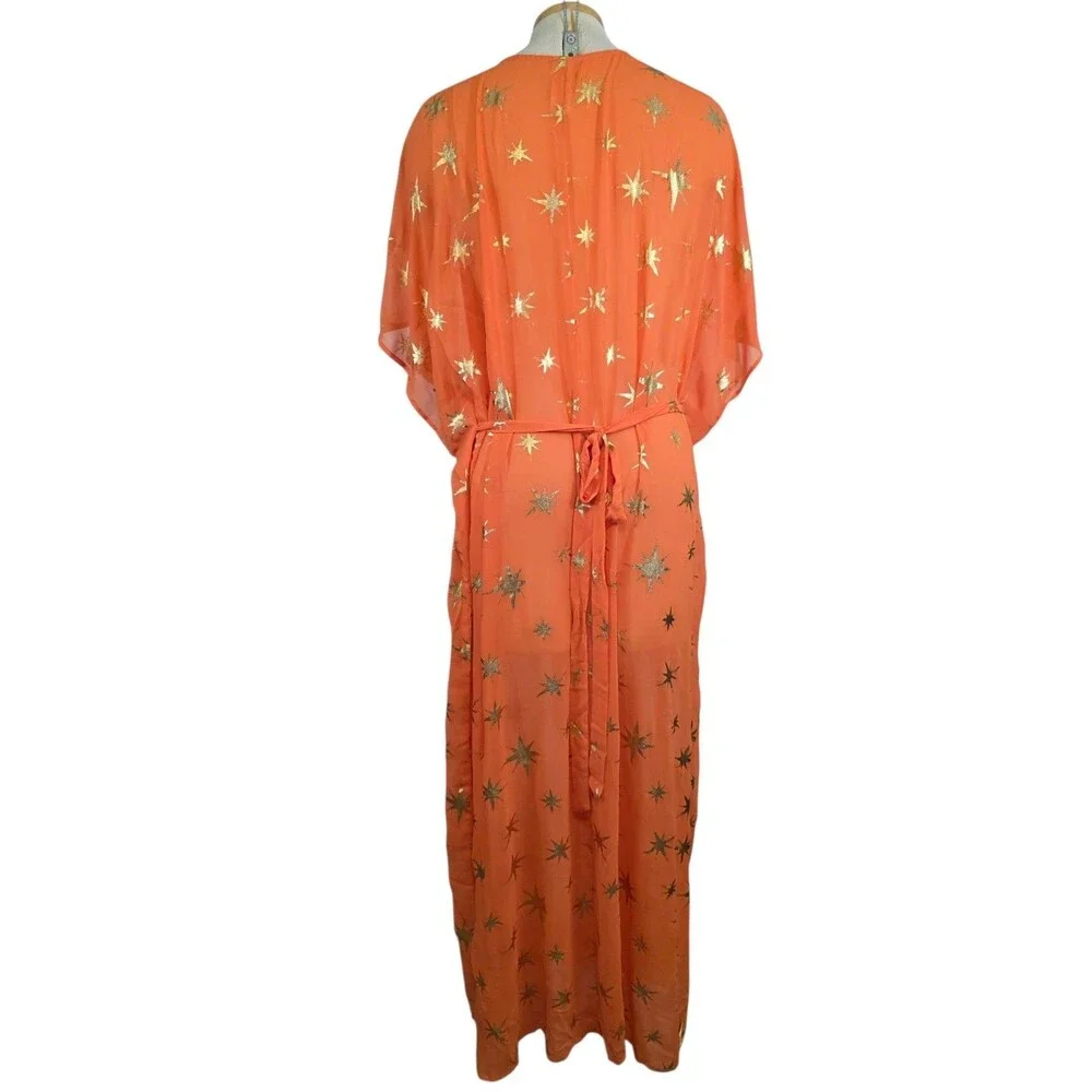 Swimsuits For All Womens 22/24  Orange Gold Foil Chiffon Maxi Cover Up Dress NWT